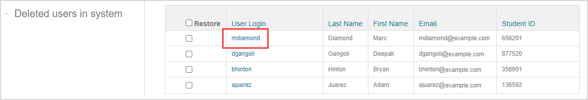 In Deleted users in system pane, one of the links under User Login column of the search results table is highlighted.